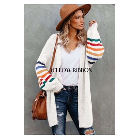 NEW Vintage 70’s 80’s White Rainbow Stripe Open Front Cardigan Sweater - Picture 1 of 8